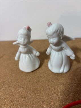 Vintage White Ceramic Angel Figurines with Pink Accents - Set of 2 3”